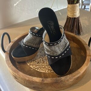 Onex Black and Silver Open Toe Wedges